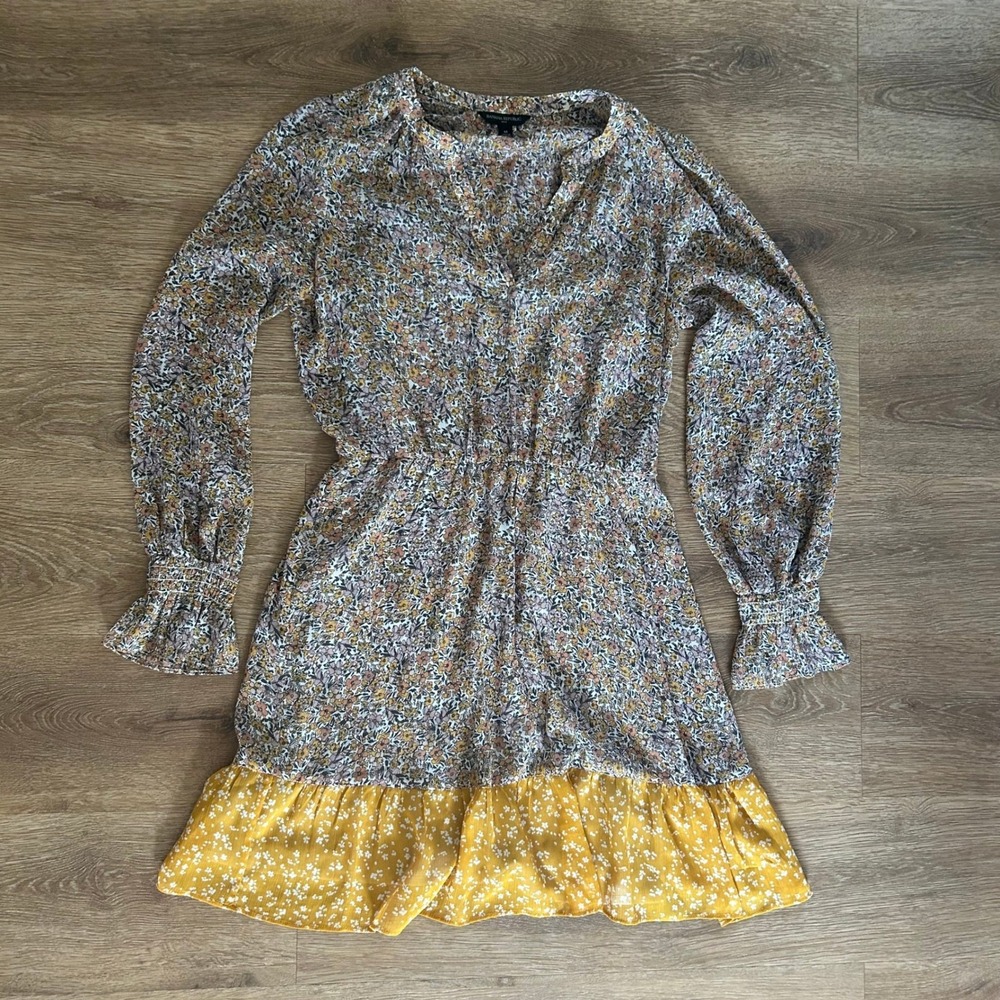 Banana Republic Womens Mixed Floral Long Sleeve Mini Dress Yellow Multi Size M